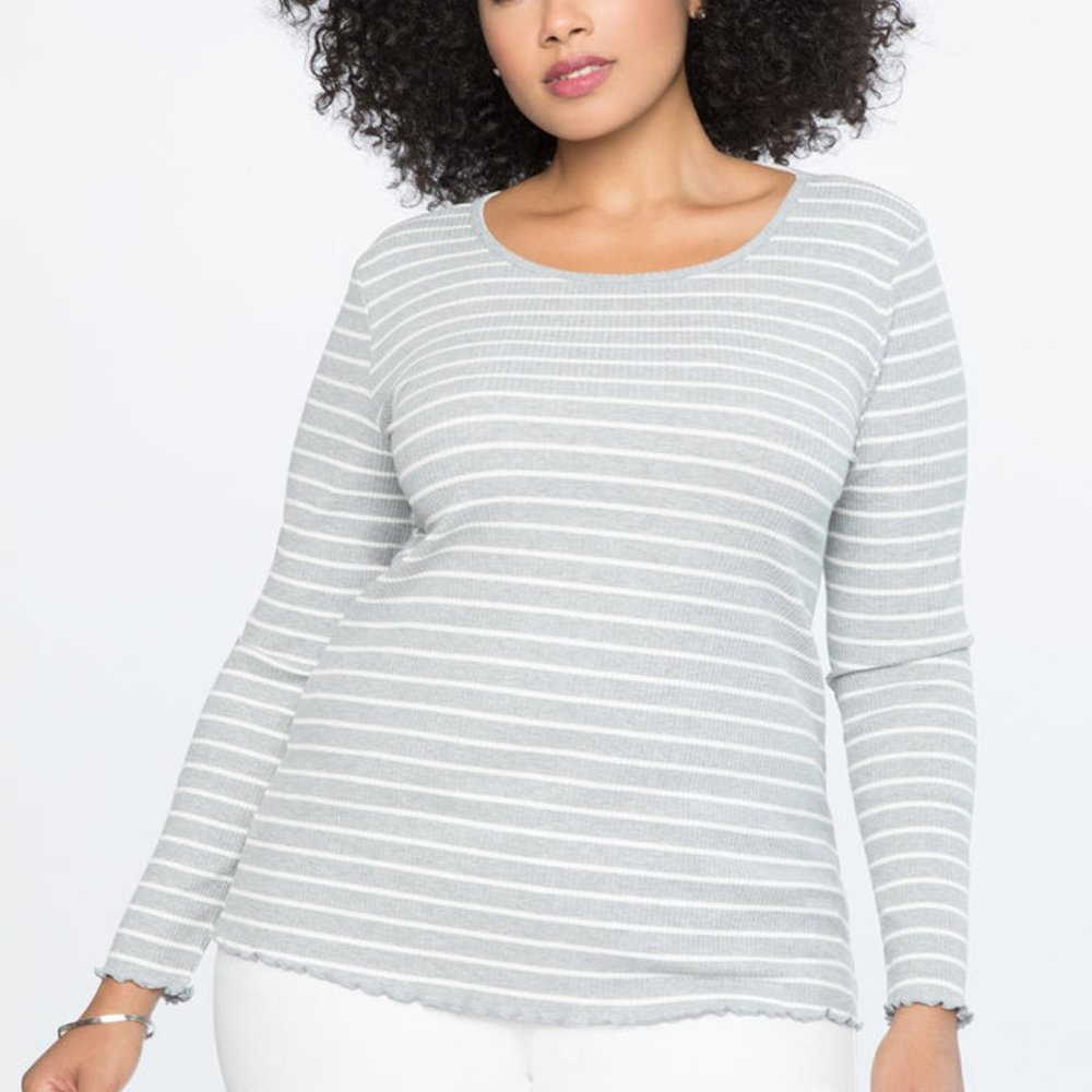 Eloquii Striped Ruffle Hem Long Sleeve Top 22/24